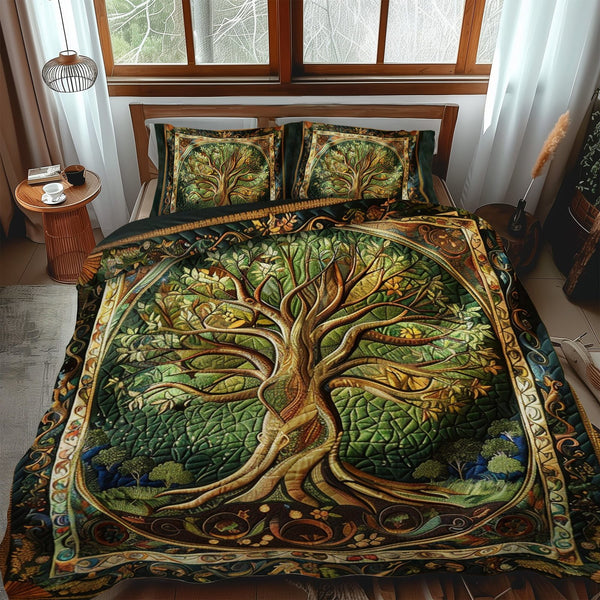 Vibrant Tree of Life quilted 3-piece bedding set on a made bed with two matching pillow shams