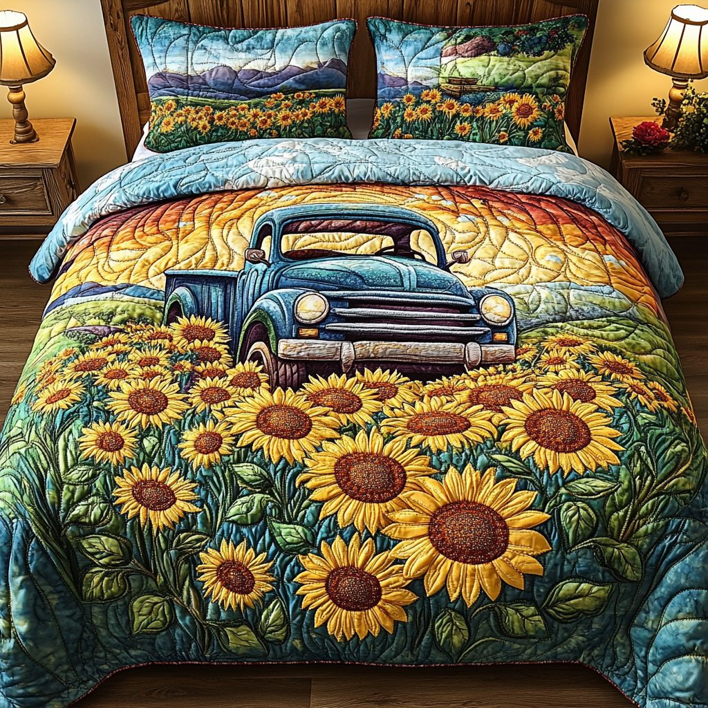 Vibrant Truck quilted 3-piece bedding set on a made bed with two matching pillow shams