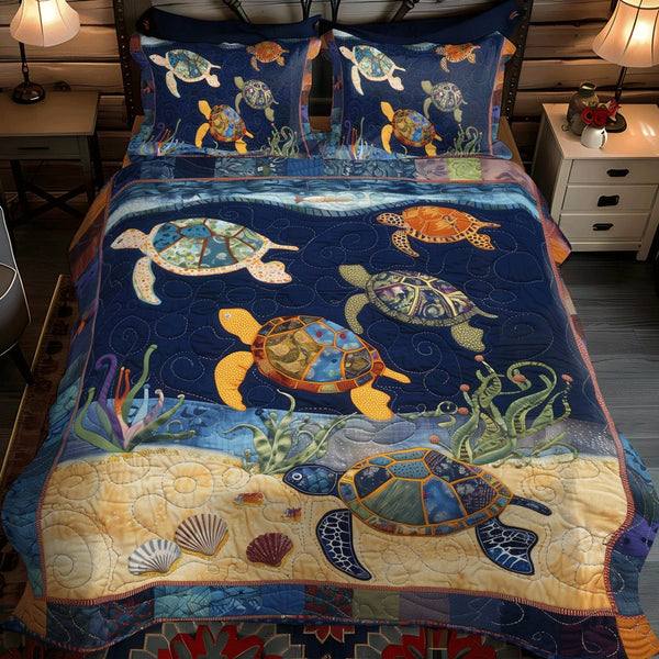 Vibrant Turtle Night quilted 3-piece bedding set on a made bed in a light coastal bedroom