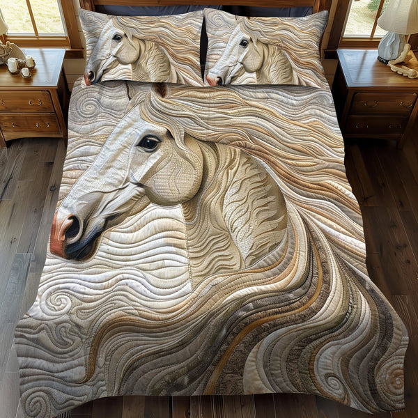 Vibrant White Horse quilted 3-piece bedding set on a made bed in a rustic timber bedroom