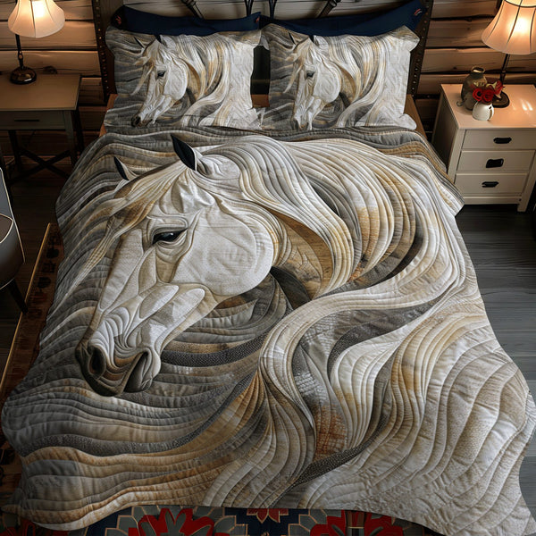 Vibrant White Horse quilted 3-piece bedding set on a made bed in a rustic timber bedroom