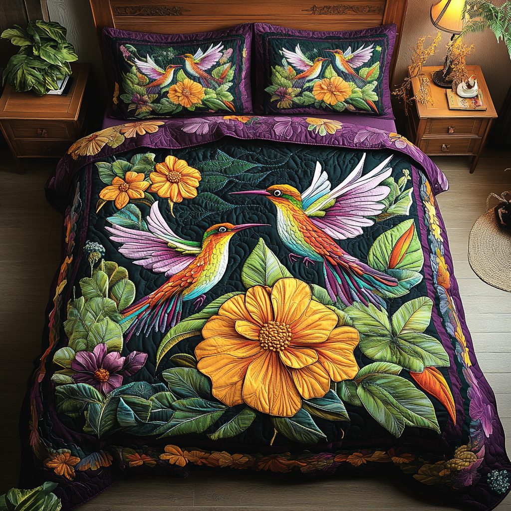 Vibrant Wings quilted 3-piece bedding set on a made bed with two matching pillow shams