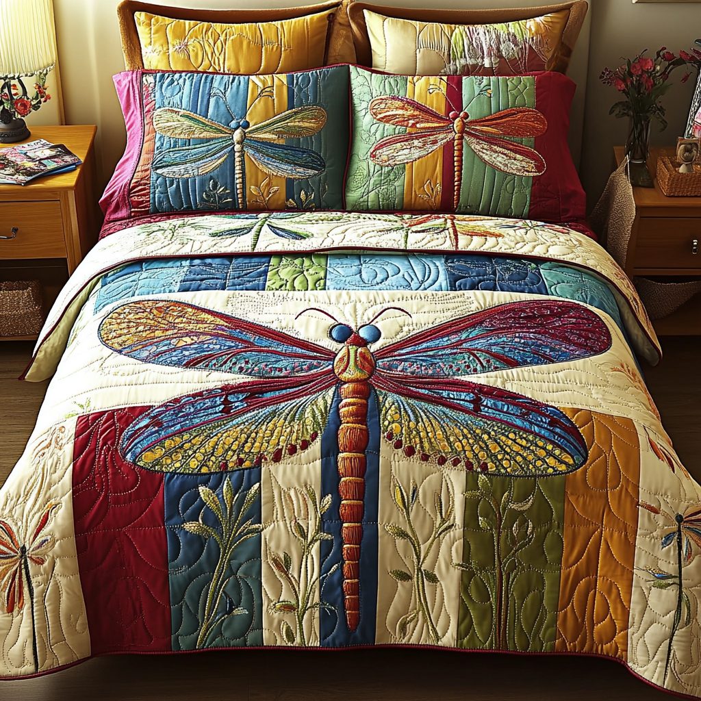Vibrant Wings quilted 3-piece bedding set on a made bed with two matching pillow shams