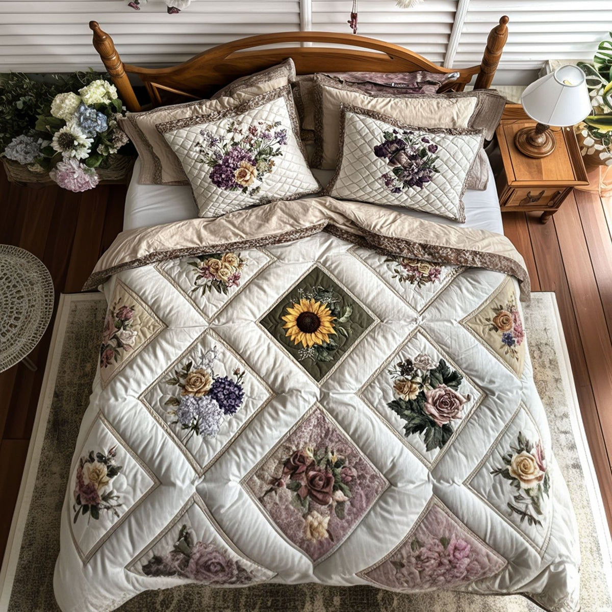 Victorian Floral Delight quilted 3-piece bedding set on a made bed with two matching pillow shams