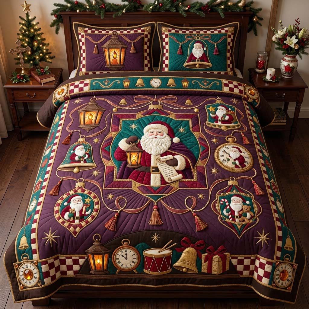 Victorian Santa Ornament Gallery quilted 3-piece bedding set on a made bed in a winter-styled bedroom
