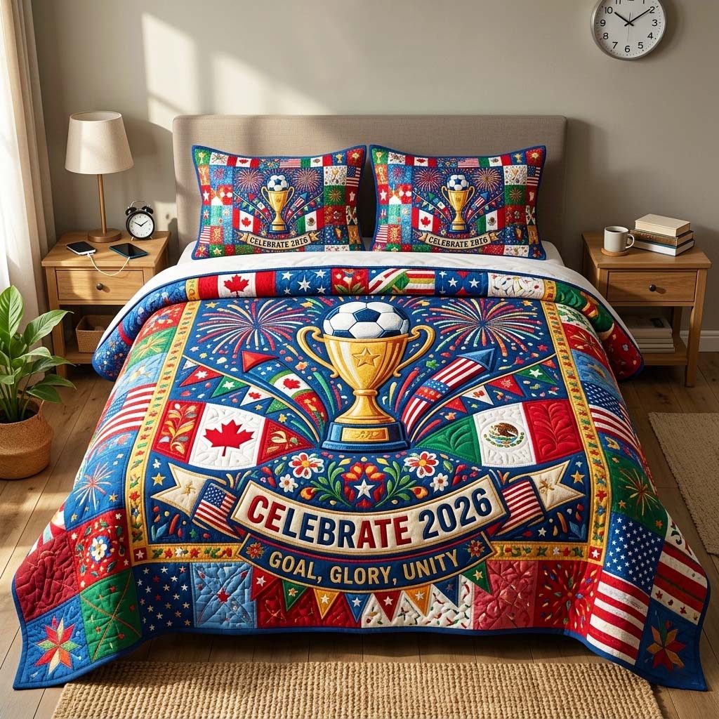 Victory Fireworks quilted 3-piece bedding set on a made bed with two matching pillow shams