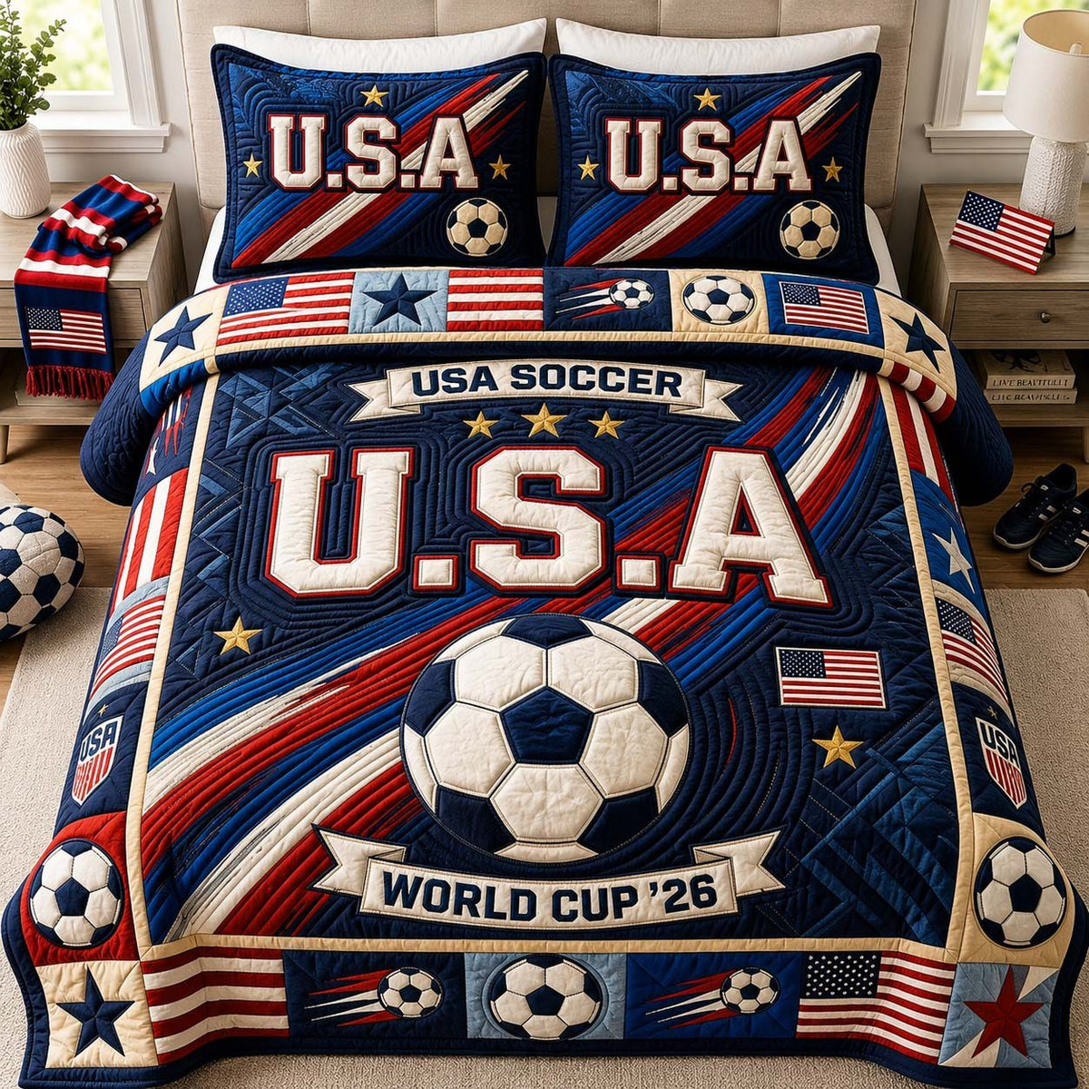 Victory Soccer Pride quilted 3-piece bedding set on a made bed with two matching pillow shams