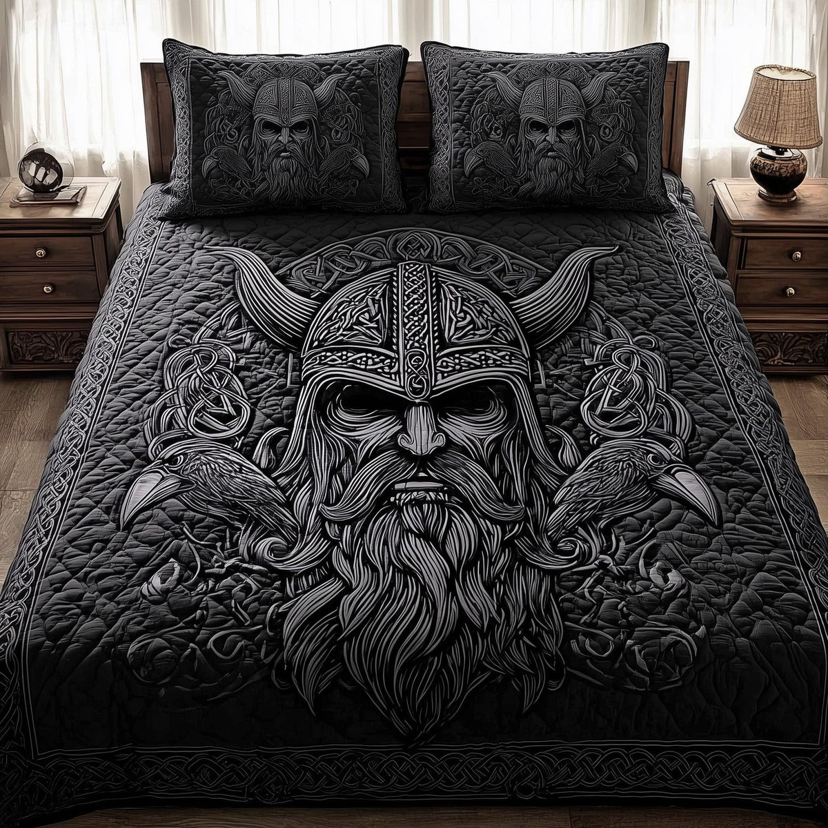 Viking God quilted 3-piece bedding set on a made bed in a softly lit bedroom