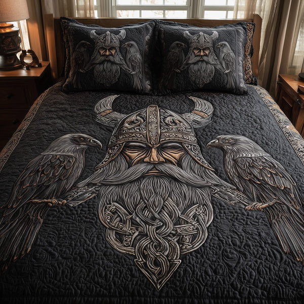 Viking God quilted 3-piece bedding set on a made bed in a softly lit bedroom