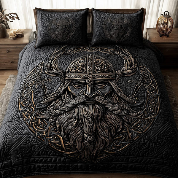 Viking God quilted 3-piece bedding set on a made bed in a softly lit bedroom