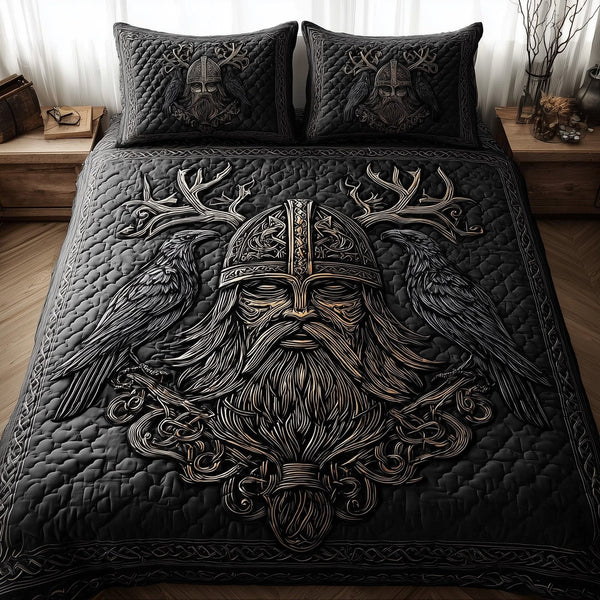 Viking God quilted 3-piece bedding set on a made bed in a softly lit bedroom