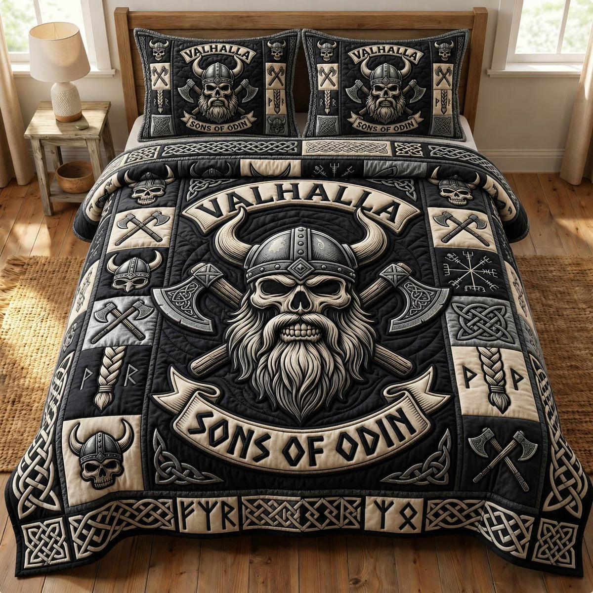 Viking Heritage quilted 3-piece bedding set on a made bed in a farmhouse bedroom