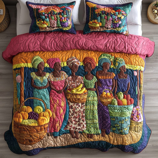 Village Life quilted 3-piece bedding set on a made bed with two matching pillow shams