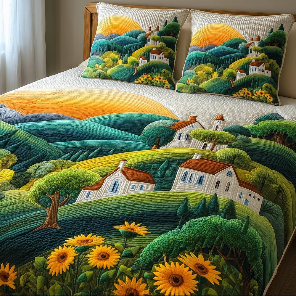 Village Serenity quilted 3-piece bedding set on a made bed with two matching pillow shams