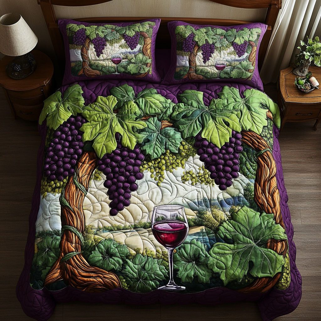 Vineyard Dreams quilted 3-piece bedding set on a made bed with two matching pillow shams