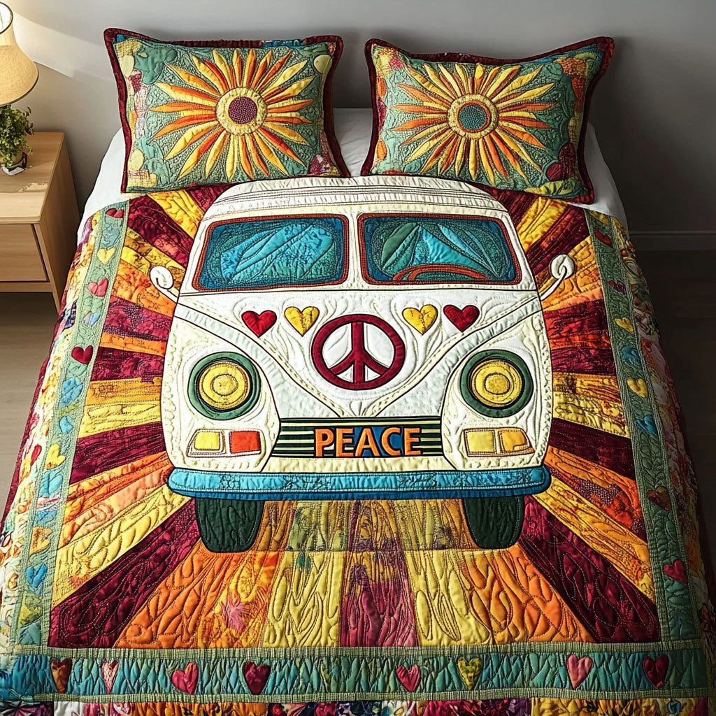 Vintage Adventure quilted 3-piece bedding set on a made bed in a winter-styled bedroom