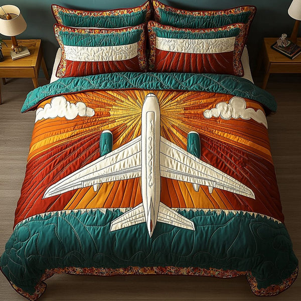 Vintage Airplane quilted 3-piece bedding set on a made bed in a farmhouse bedroom