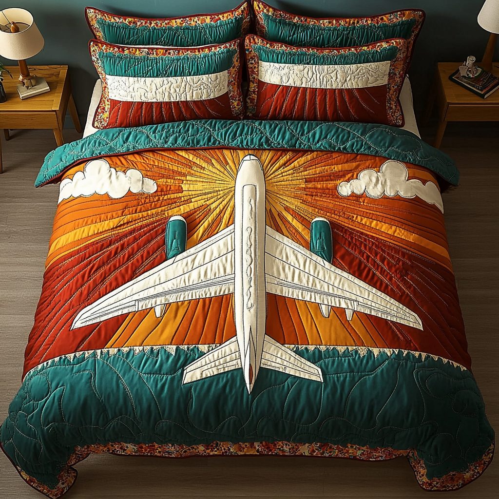 Vintage Airplane quilted 3-piece bedding set on a made bed in a farmhouse bedroom