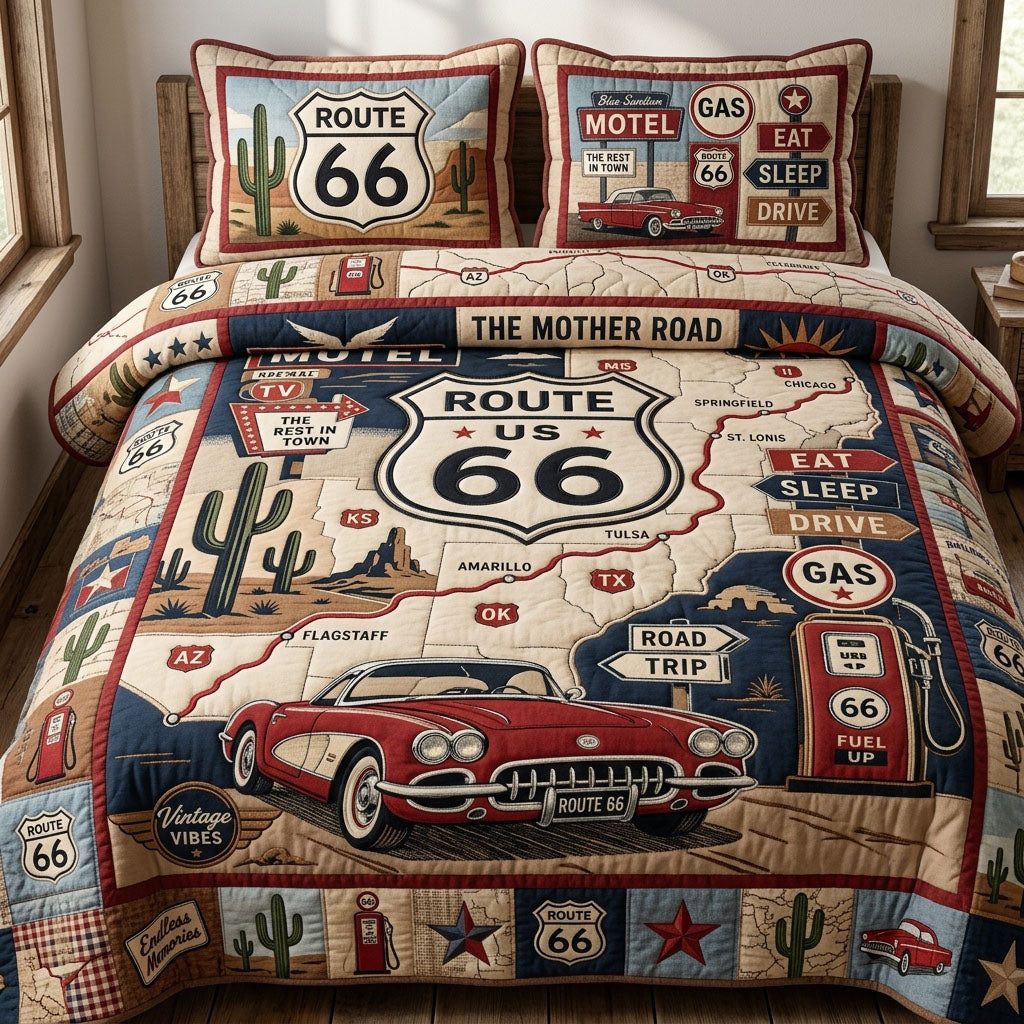 Vintage Americana Highway quilted 3-piece bedding set on a made bed in a warmly lit bedroom