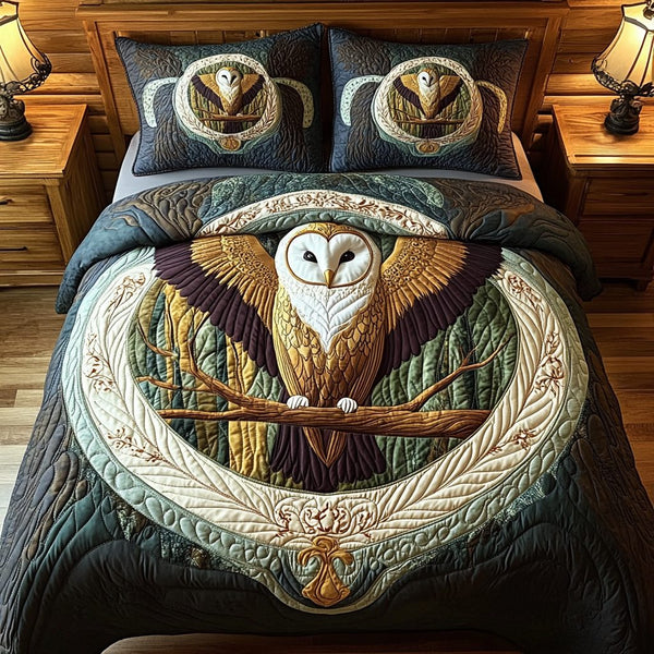Vintage Barn Owl quilted 3-piece bedding set on a made bed in a farmhouse bedroom
