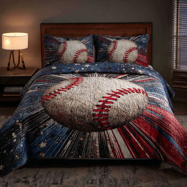 Vintage Baseball quilted 3-piece bedding set on a made bed in a farmhouse bedroom