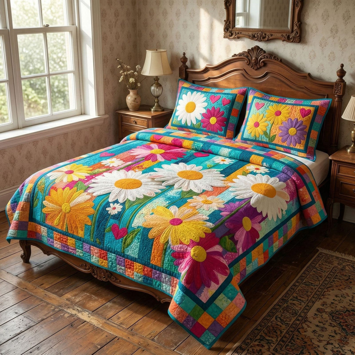 Vintage Bloom Patch quilted 3-piece bedding set on a made bed in a farmhouse bedroom