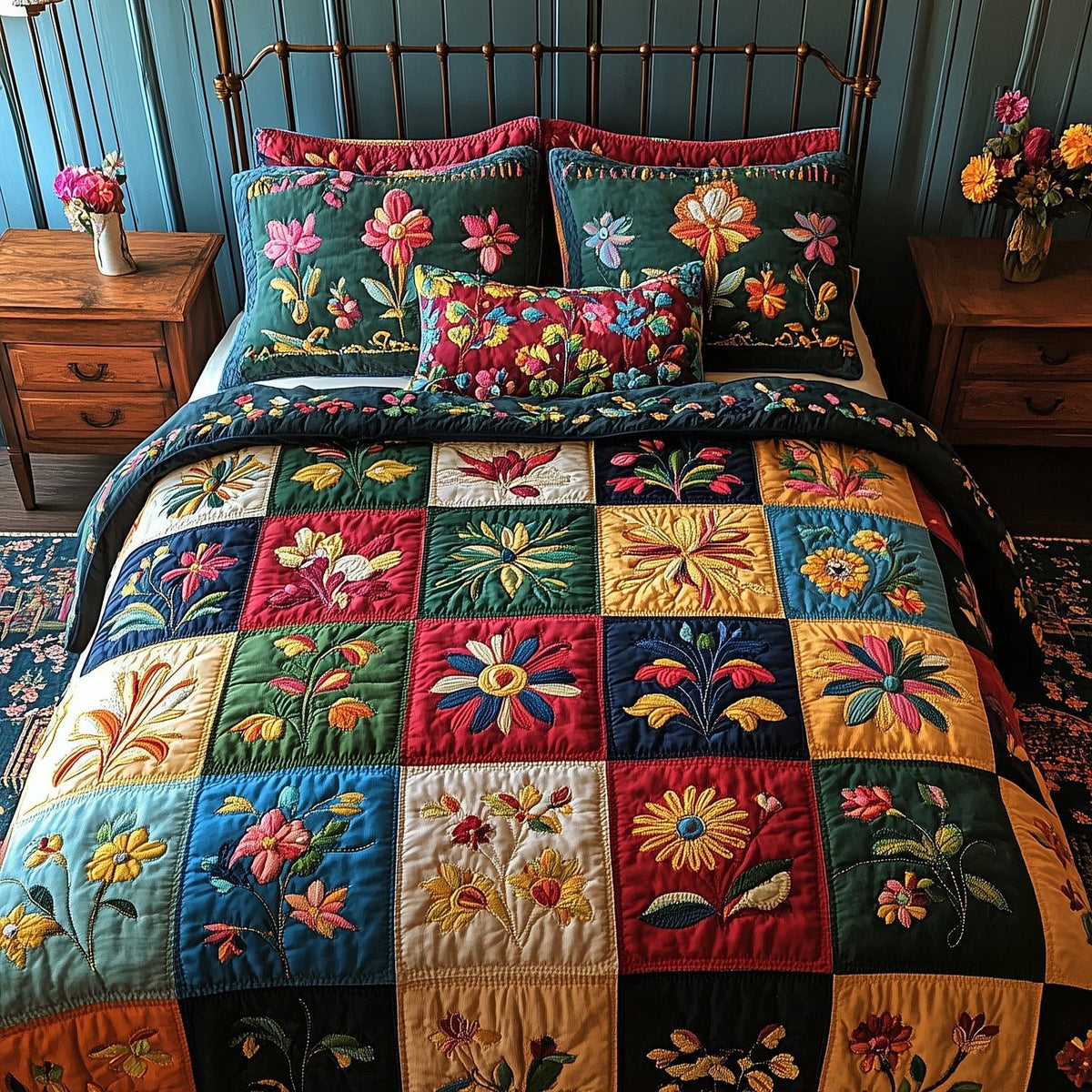 Vintage Bloom Patchwork quilted 3-piece bedding set on a made bed in a farmhouse bedroom
