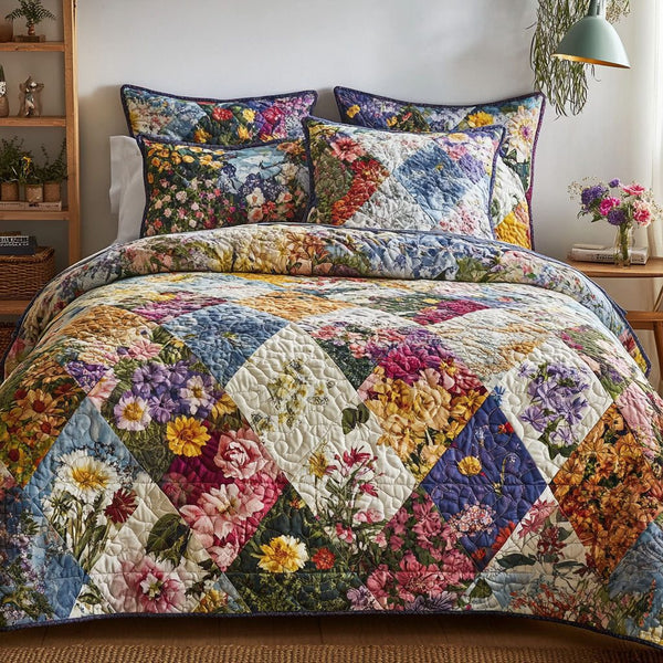 Vintage Bloom quilted 3-piece bedding set on a made bed in a farmhouse bedroom