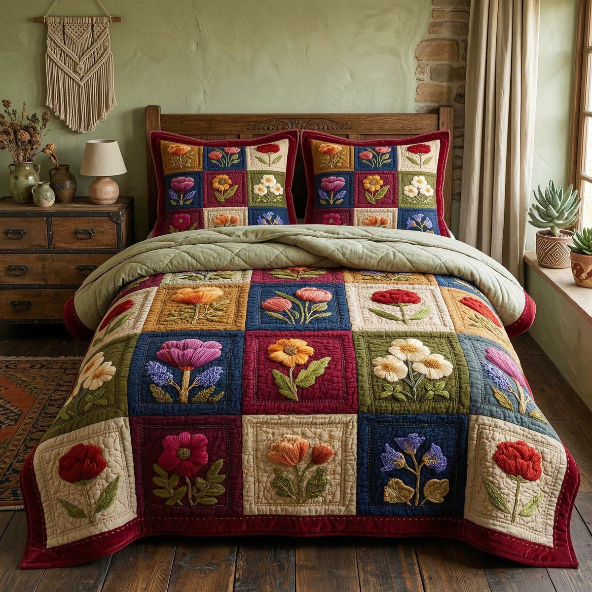 Vintage Blooms quilted 3-piece bedding set on a made bed in a farmhouse bedroom