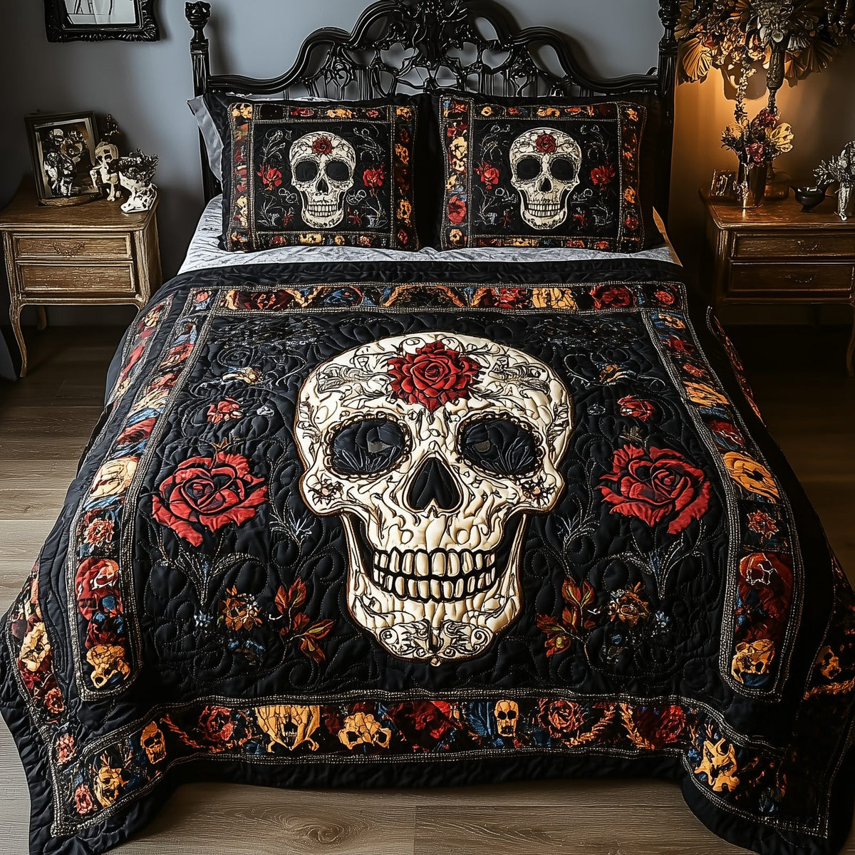 Vintage Bold Skull quilted 3-piece bedding set on a made bed against a dark styled interior
