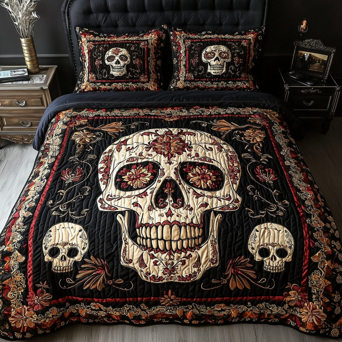Vintage Bold Skull quilted 3-piece bedding set on a made bed against a dark styled interior