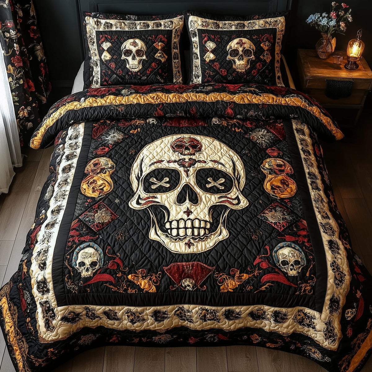 Vintage Bold Skull quilted 3-piece bedding set on a made bed against a dark styled interior