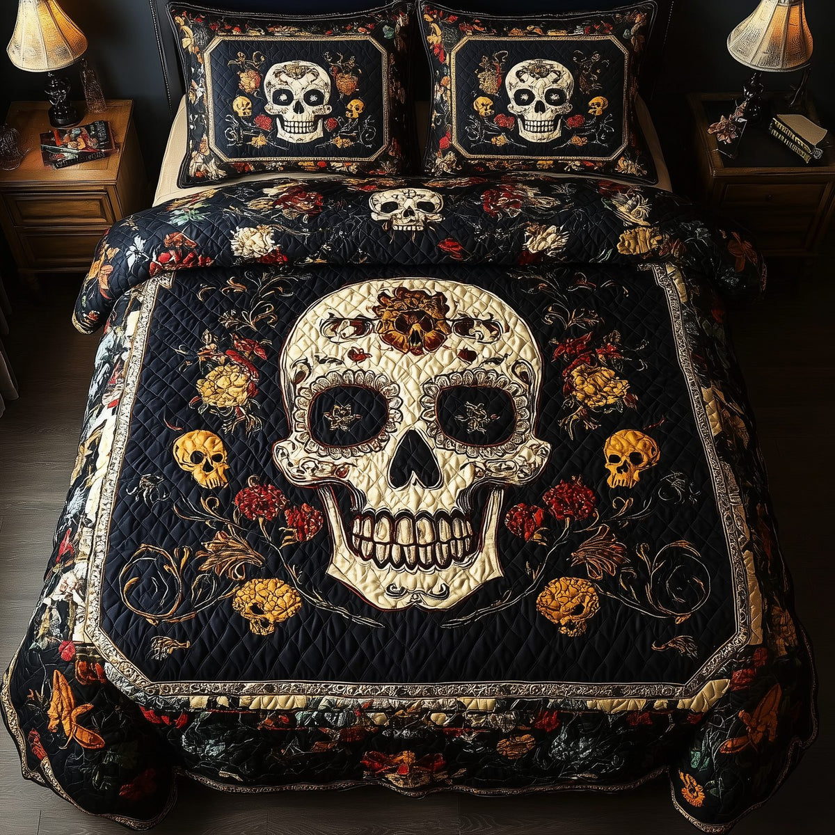 Vintage Bold Skull quilted 3-piece bedding set on a made bed against a dark styled interior