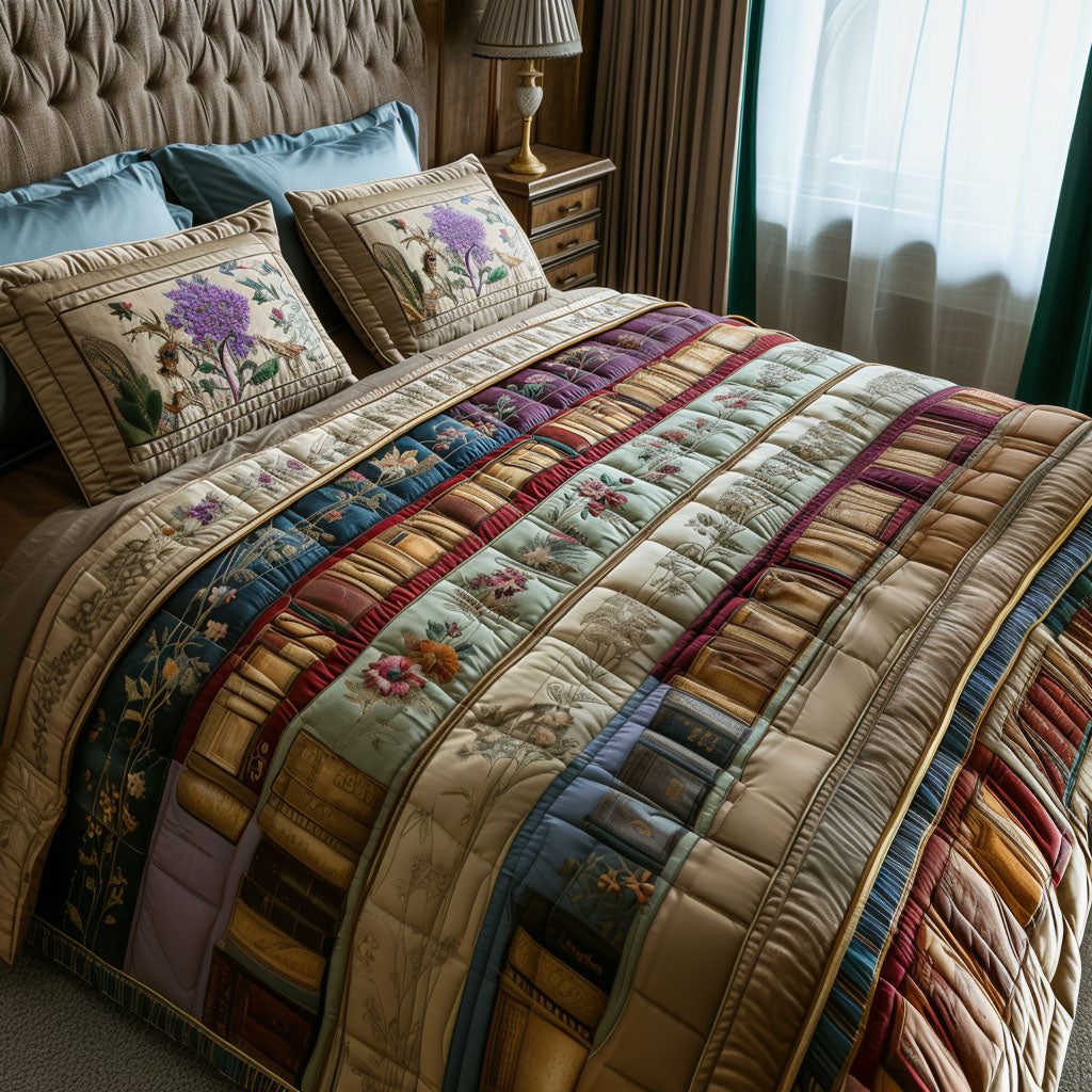 Vintage Book Bliss quilted 3-piece bedding set on a made bed in a farmhouse bedroom