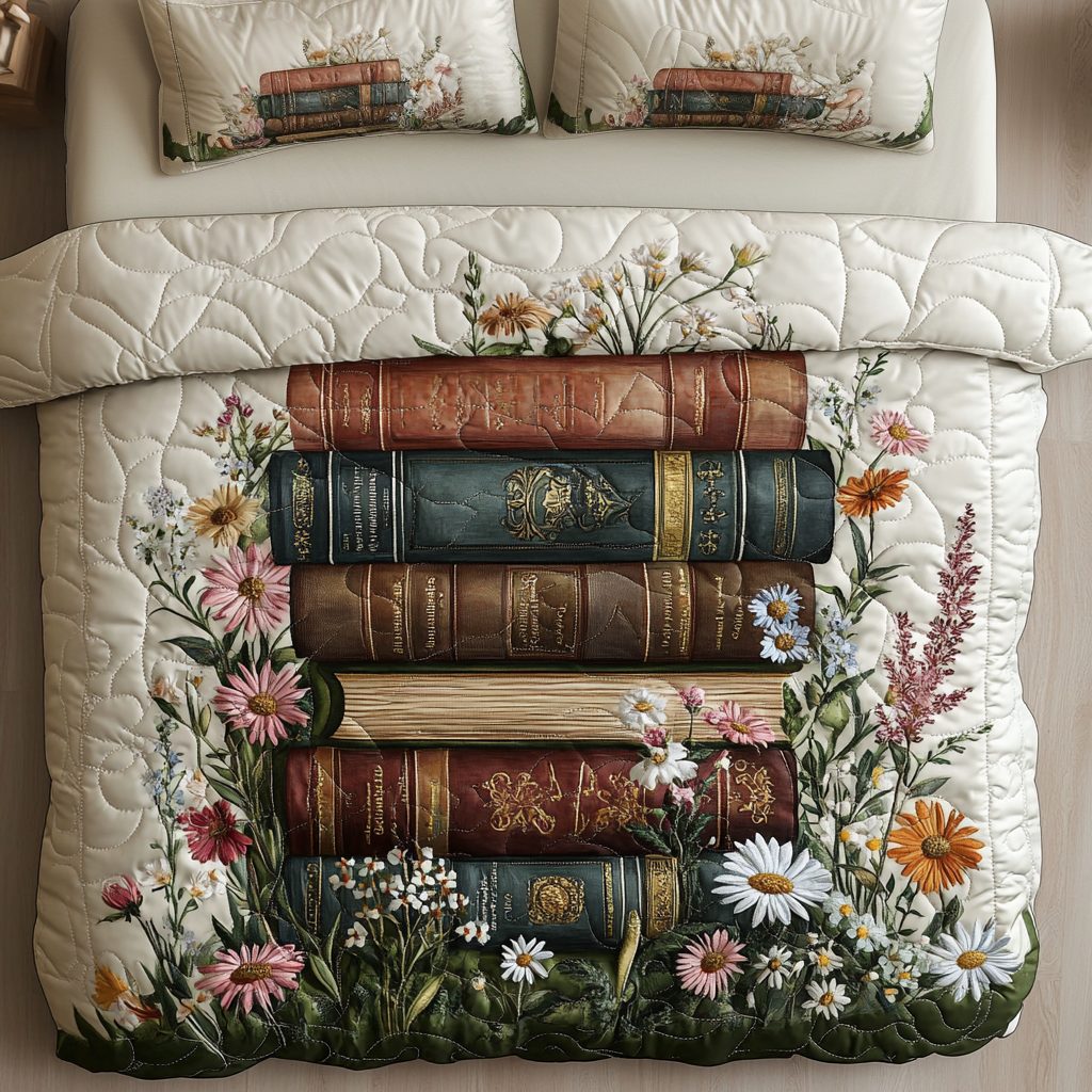 Vintage Book quilted 3-piece bedding set on a made bed in a farmhouse bedroom