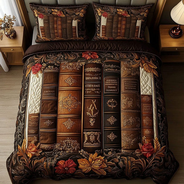 Vintage Bookcase quilted 3-piece bedding set on a made bed in a farmhouse bedroom