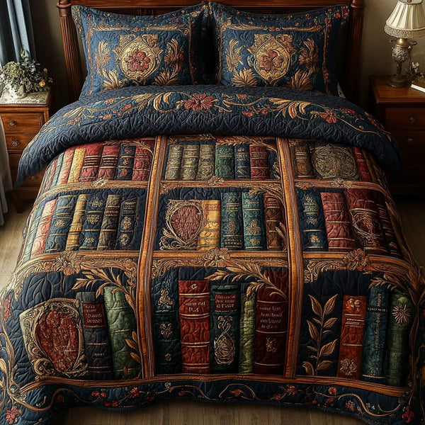 Vintage Bookshelf Elegance quilted 3-piece bedding set on a made bed in a farmhouse bedroom