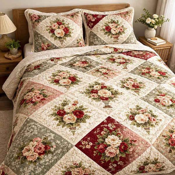 Vintage Bouquet quilted 3-piece bedding set on a made bed in a farmhouse bedroom