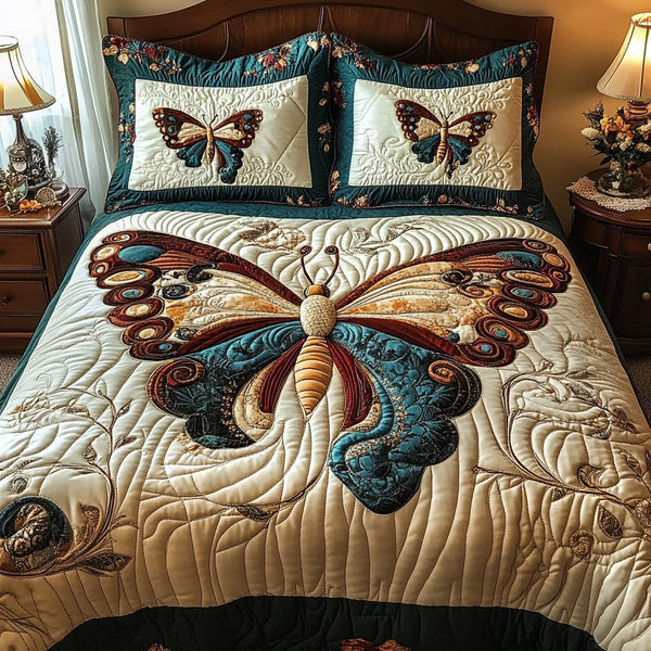 Vintage Butterfly Charm quilted 3-piece bedding set on a made bed in a farmhouse bedroom