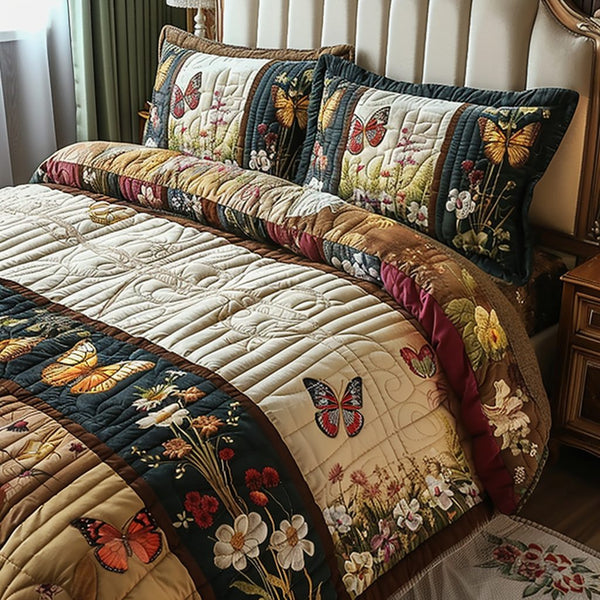 Vintage Butterfly Dreams quilted 3-piece bedding set on a made bed in a farmhouse bedroom