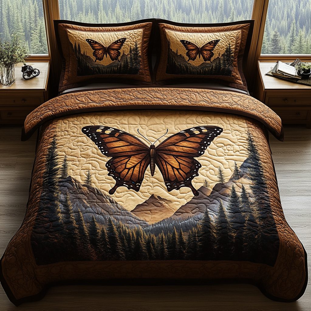 Vintage Butterfly Flight quilted 3-piece bedding set on a made bed in a farmhouse bedroom