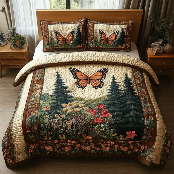 Vintage Butterfly Kiss quilted 3-piece bedding set on a made bed in a farmhouse bedroom