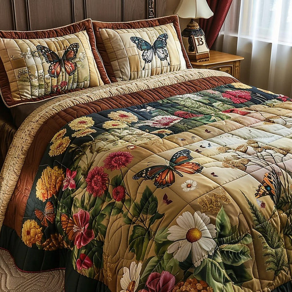 Vintage Butterfly Magic quilted 3-piece bedding set on a made bed in a farmhouse bedroom