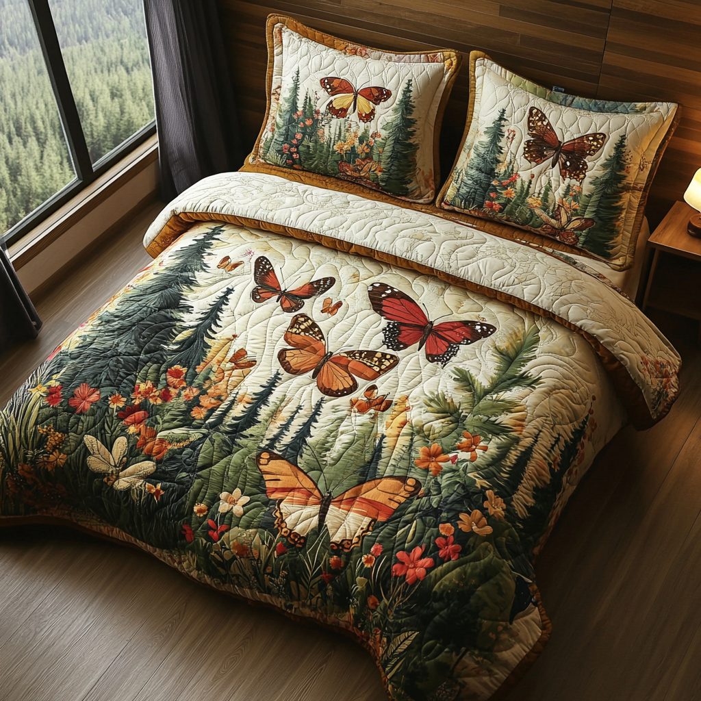 Vintage Butterfly Wings quilted 3-piece bedding set on a made bed in a farmhouse bedroom