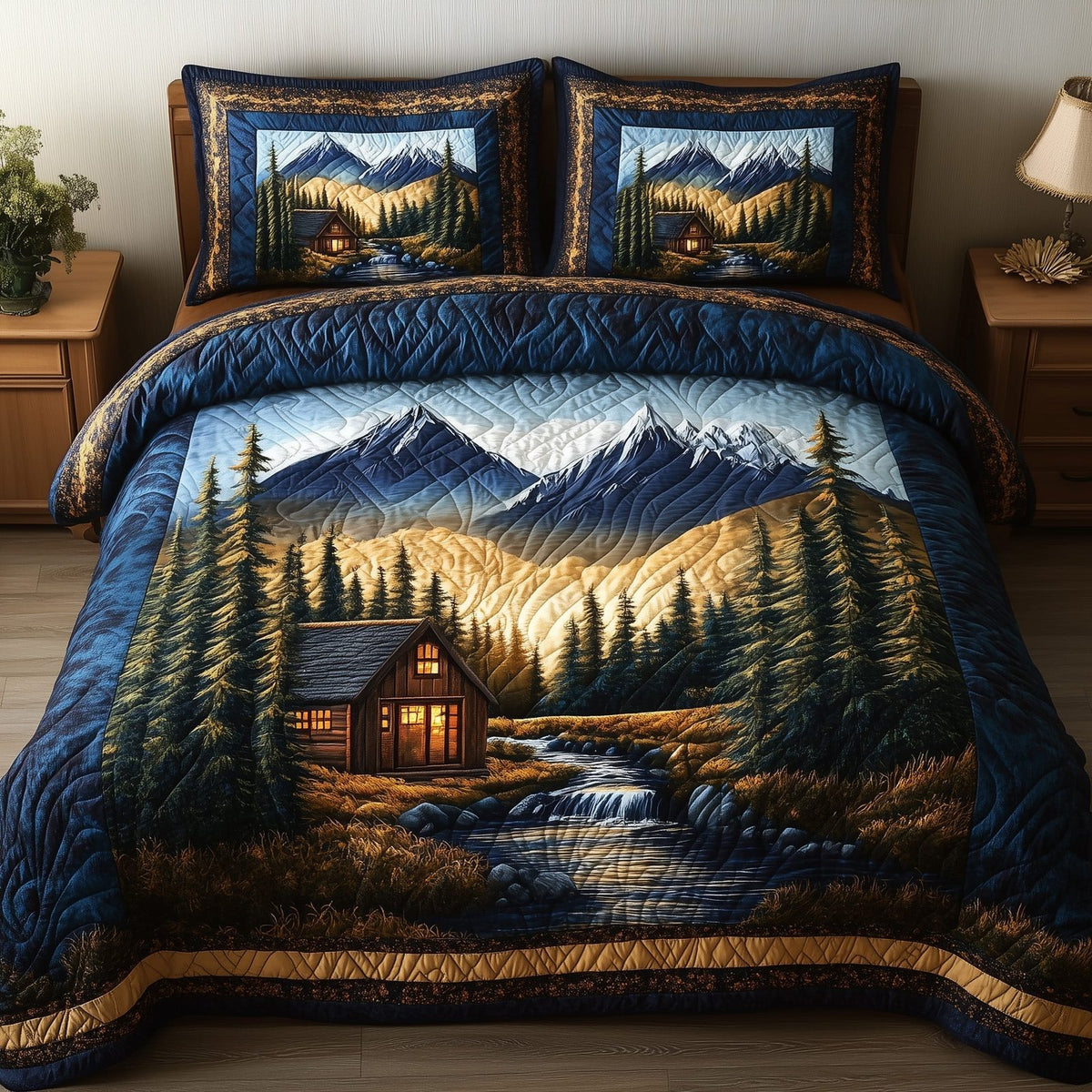 Vintage Cabin quilted 3-piece bedding set on a made bed in a farmhouse bedroom