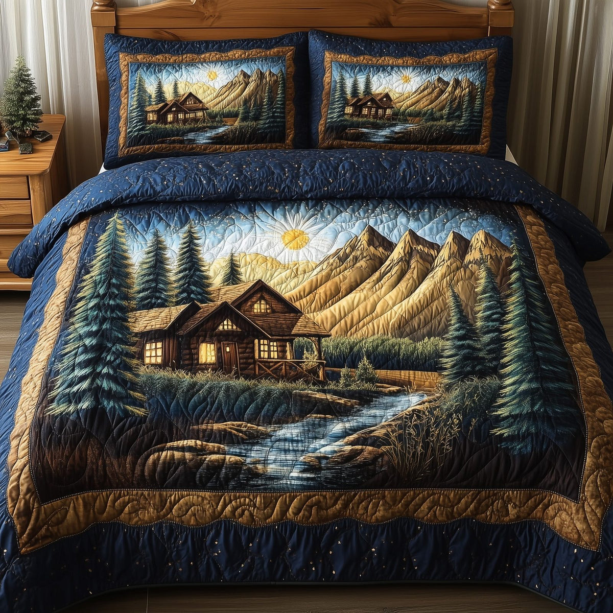 Vintage Cabin quilted 3-piece bedding set on a made bed in a farmhouse bedroom