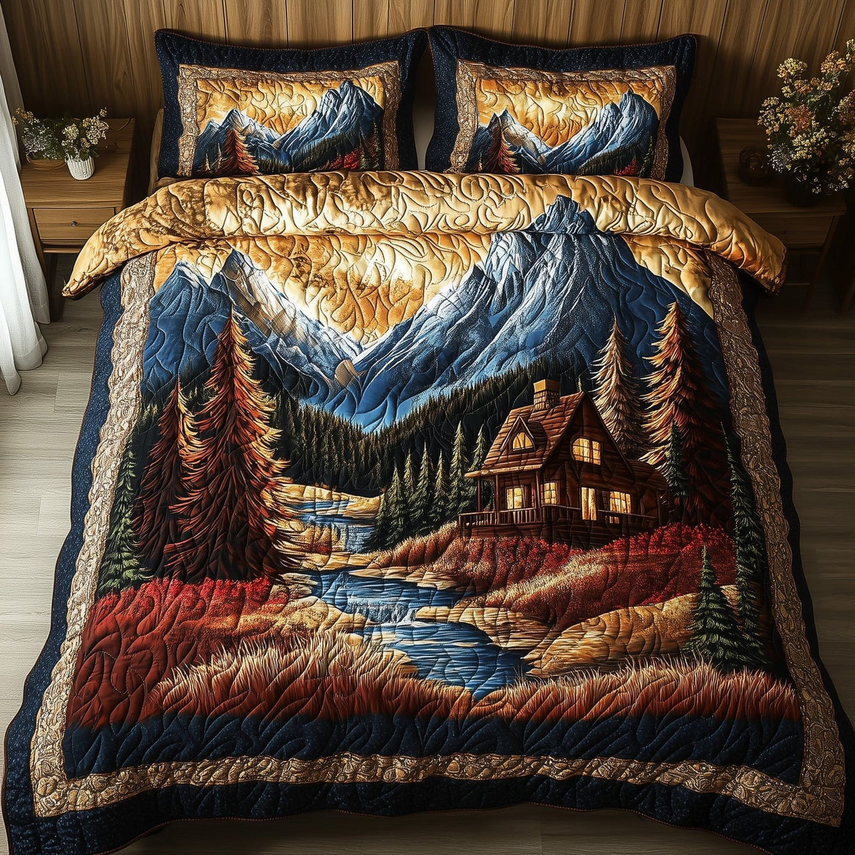 Vintage Cabin quilted 3-piece bedding set on a made bed in a farmhouse bedroom