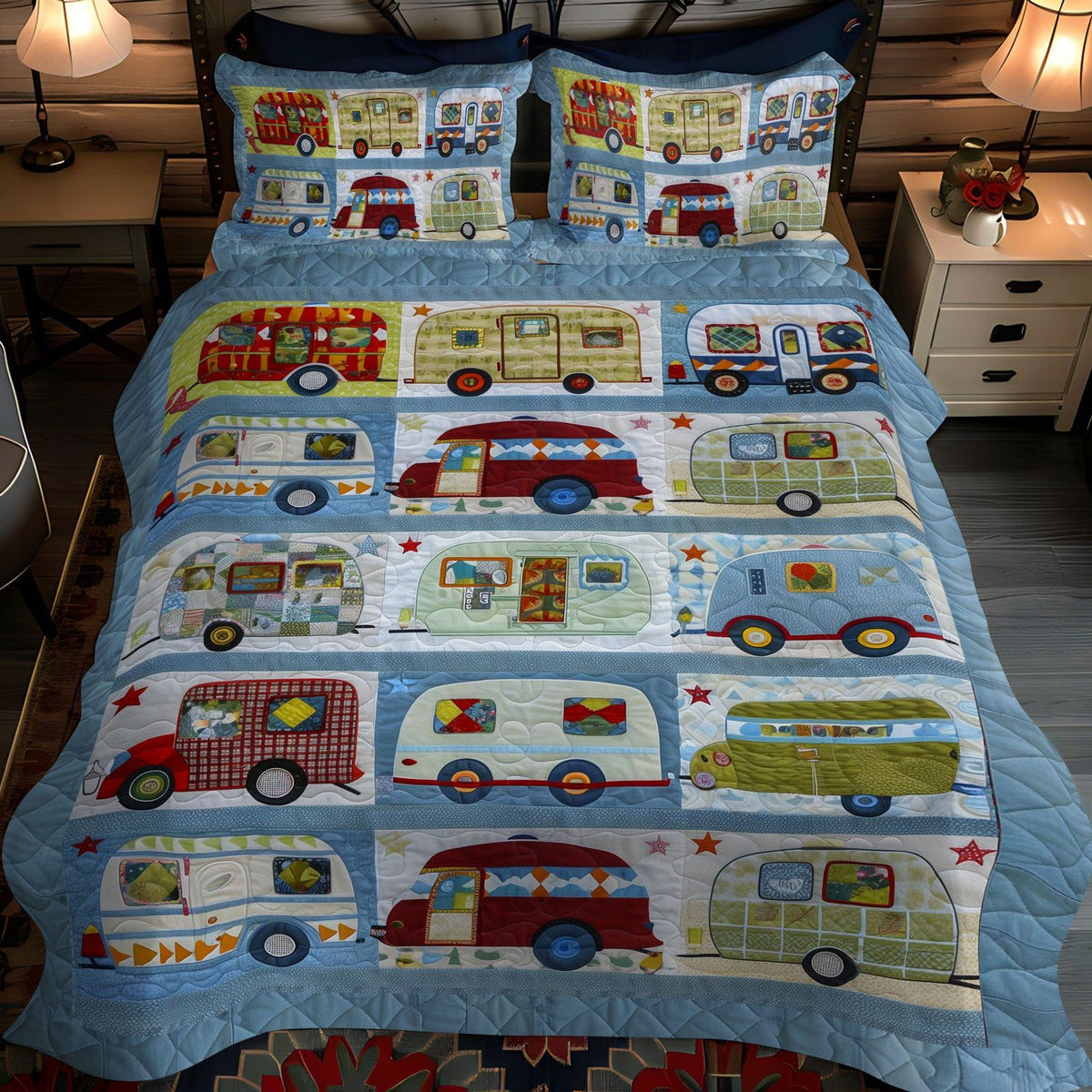 Vintage Camper Dreams quilted 3-piece bedding set on a made bed in a farmhouse bedroom