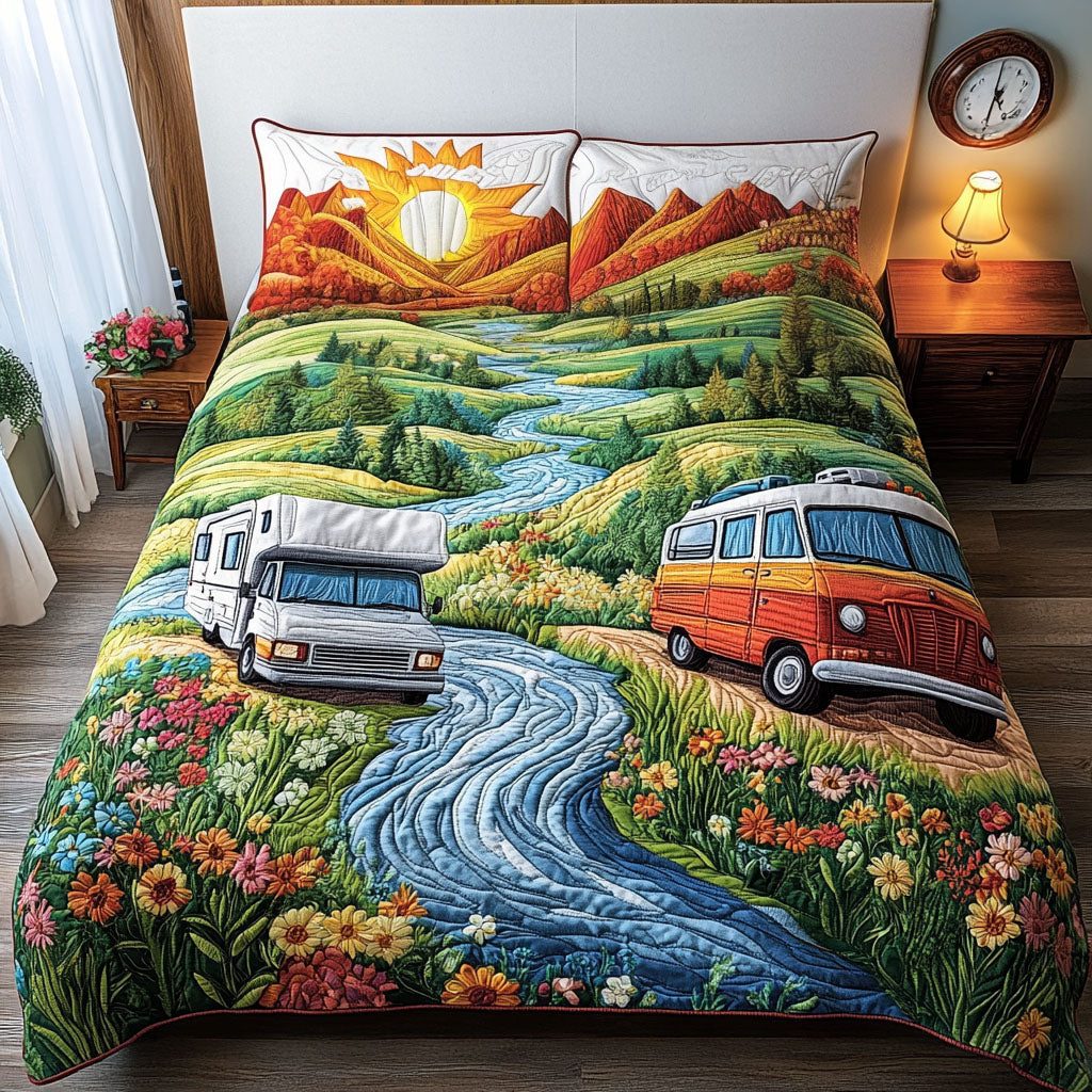 Vintage Caravan Quest quilted 3-piece bedding set on a made bed in a farmhouse bedroom
