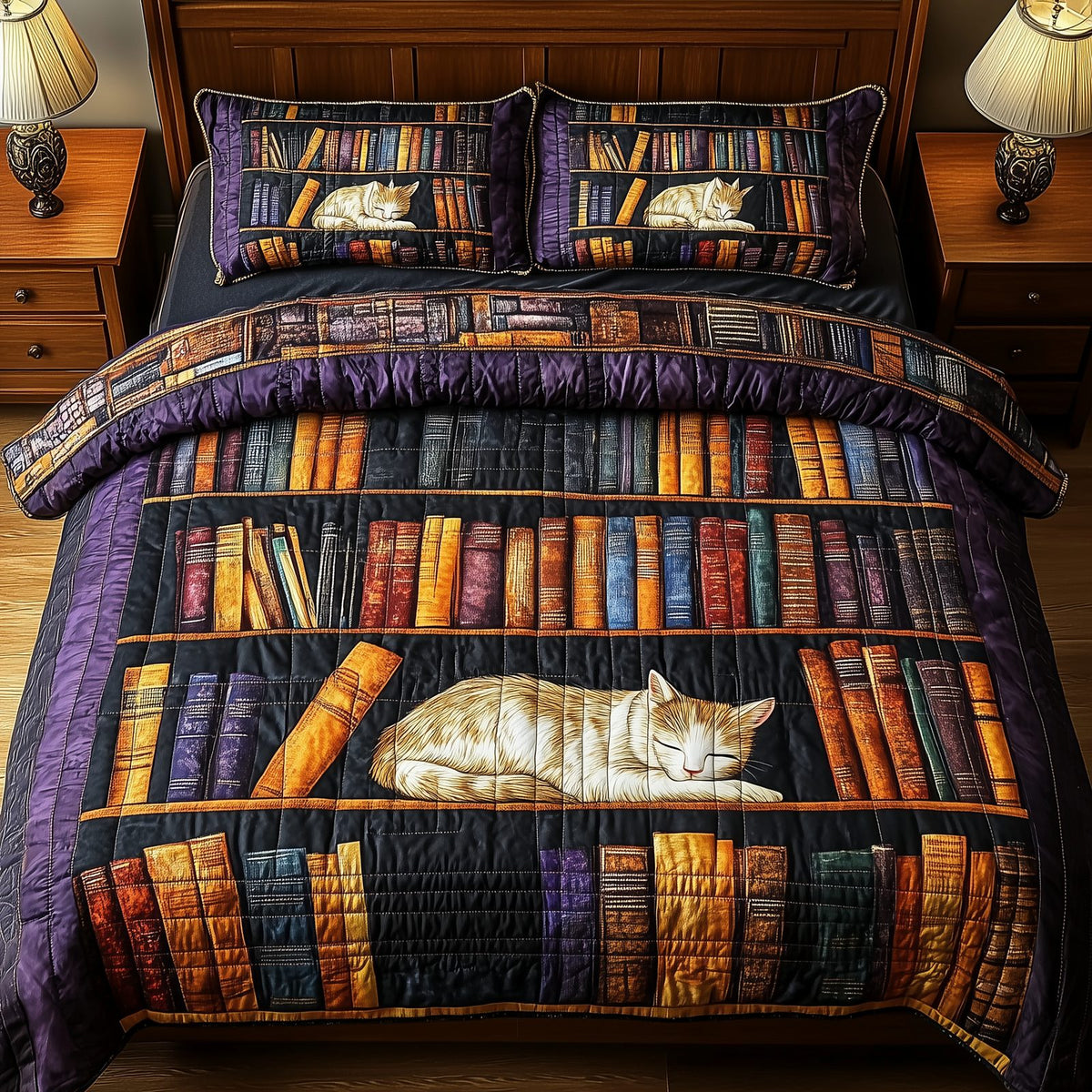 Vintage Cat Bookshelf quilted 3-piece bedding set on a made bed in a farmhouse bedroom